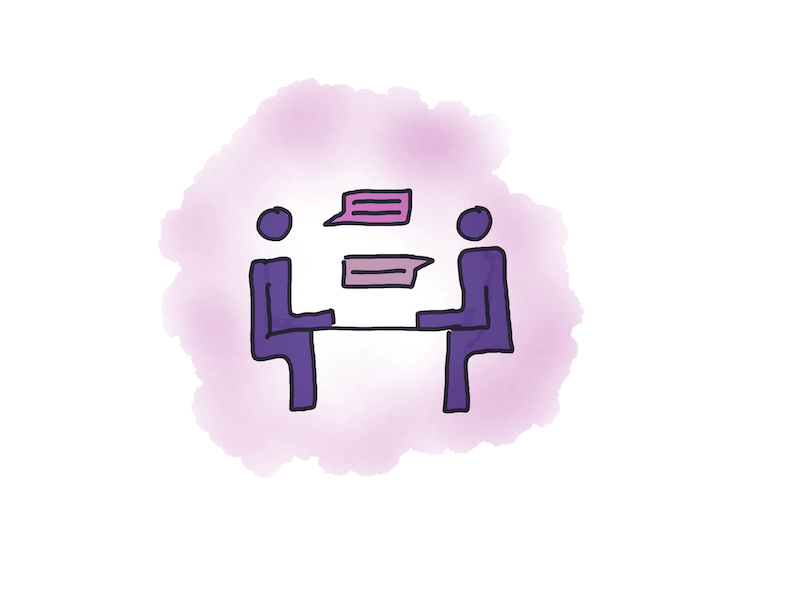 Illustration of two people sitting at a one on one meeting